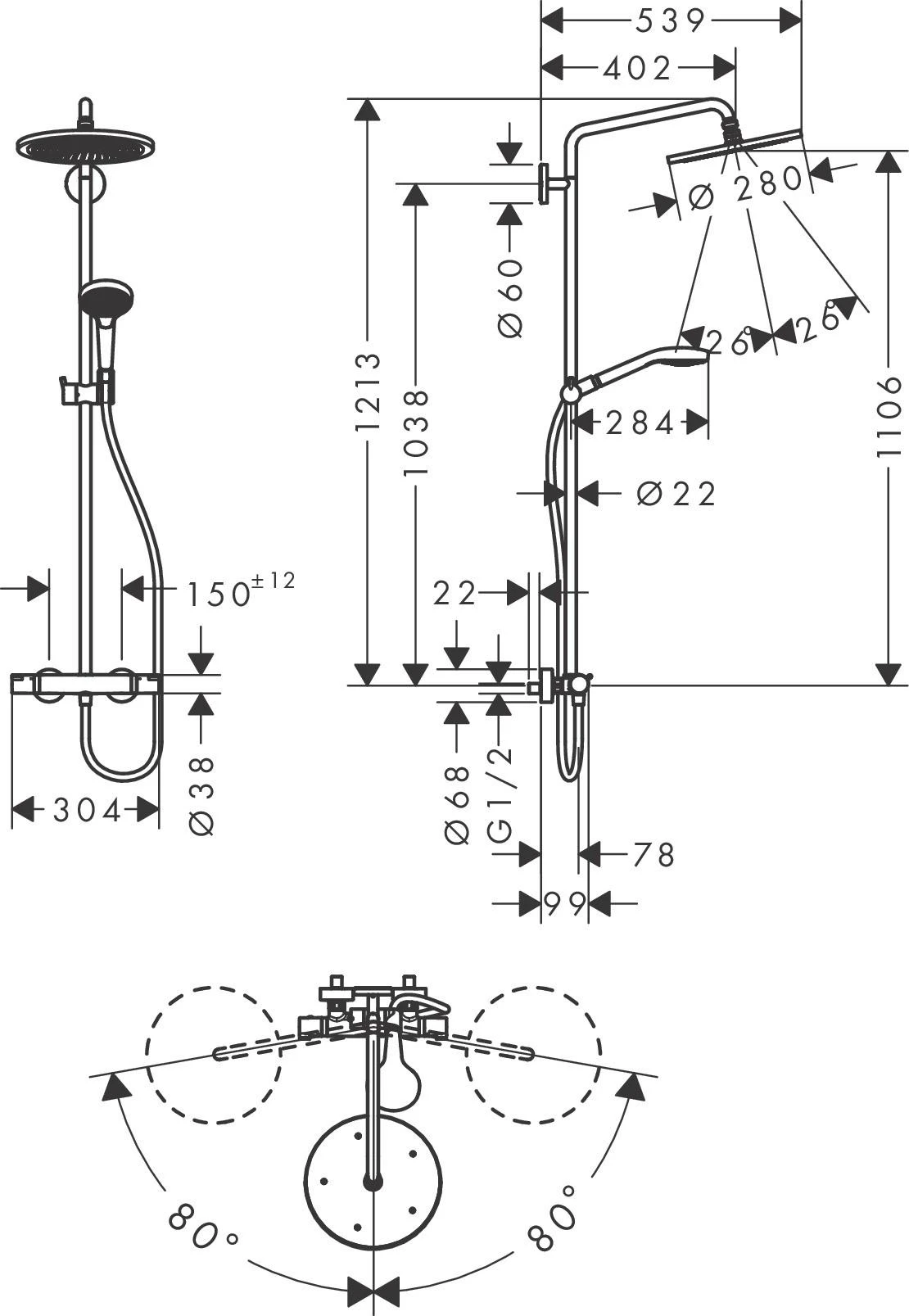 Termostatinė dušo sistema Hansgrohe Croma Select 280 Air 1jet, 26790000