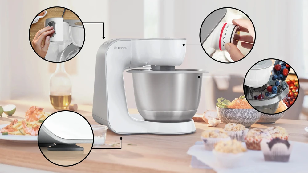 Virtuvinis kombainas Bosch MUM58210 Series 4, Kitchen machine, MUM 5, 1000 W, Baltas, Sidabrinis