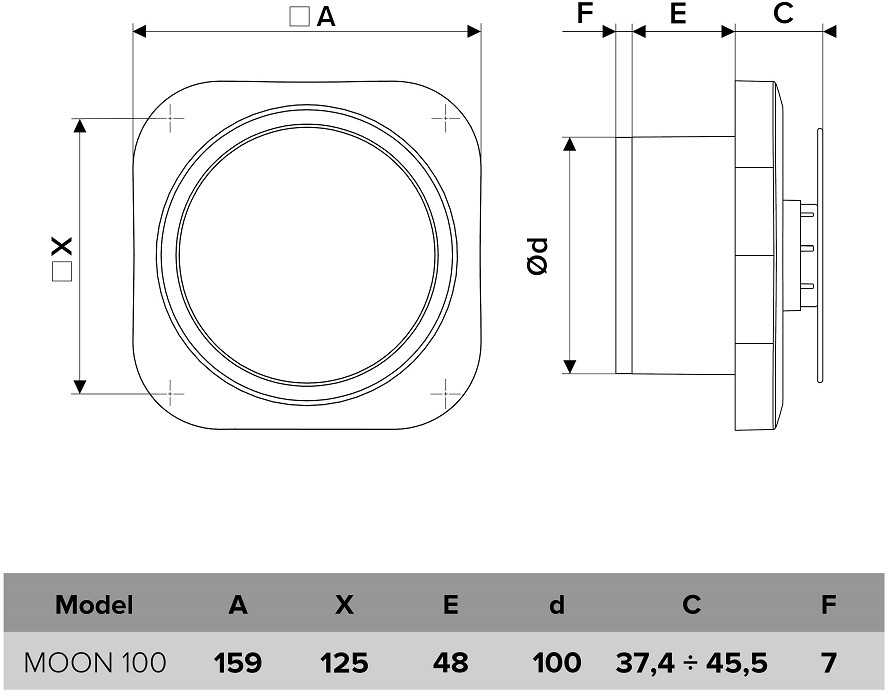Vonios kambario ventiliatorius Vlano MOON 100 TH (su laikmačiu ir drėgmės jutikliu) 100 mm
