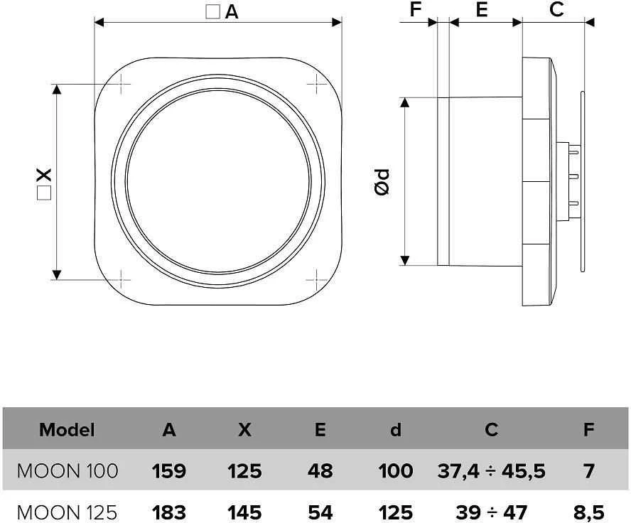 Vonios kambario ventiliatorius Vlano MOON 100 T (su laikmačiu) 100 mm