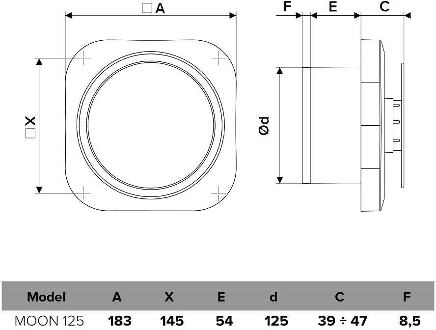 Vonios kambario ventiliatorius Vlano MOON 125 (Paprasta Komplektacija) 125 mm