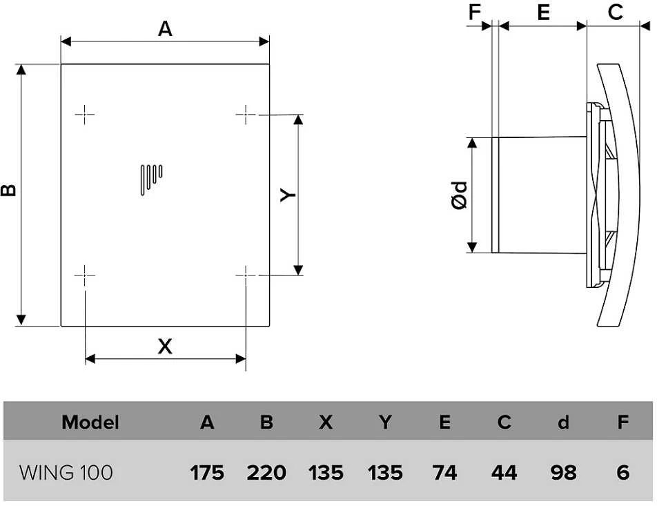 Vonios kambario ventiliatorius Vlano WING 100 T (su laikmačiu) 100 mm