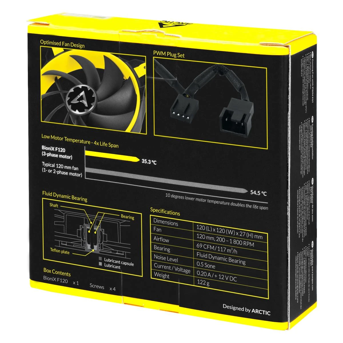 ARCTIC BioniX F120 pakuotės techninių parametrų schema