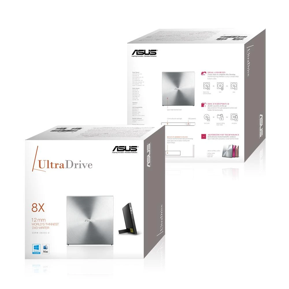 Asus | SDRW-08U5S-U | Sąsaja USB 2.0 | DVD±RW | CD skaitymo greitis 24 x | CD įrašymo greitis 24 x | Metalinis | Užrašų knygelė