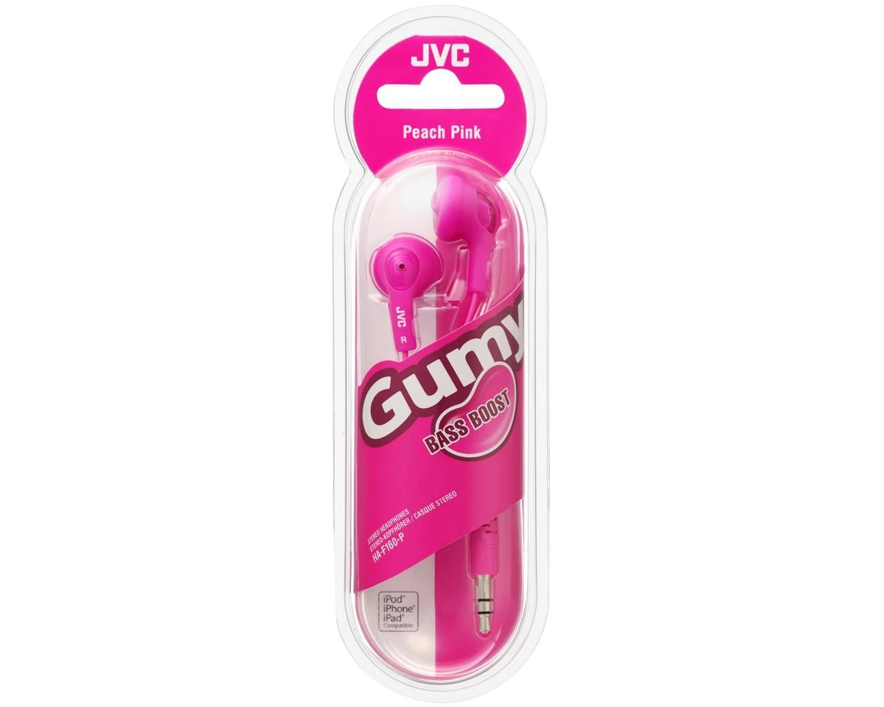 Rožinės JVC Gumy ausinės pakuotėje