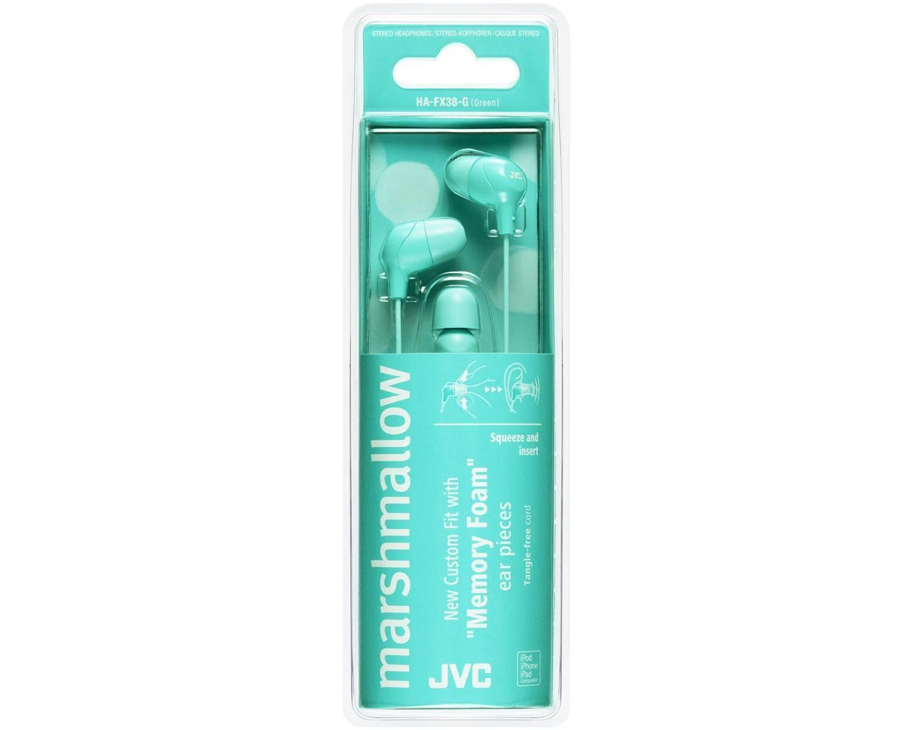 Į ausis įkišamos Ausinės JVC HA-FX38GE su minkštais ausų kištukais, žalios