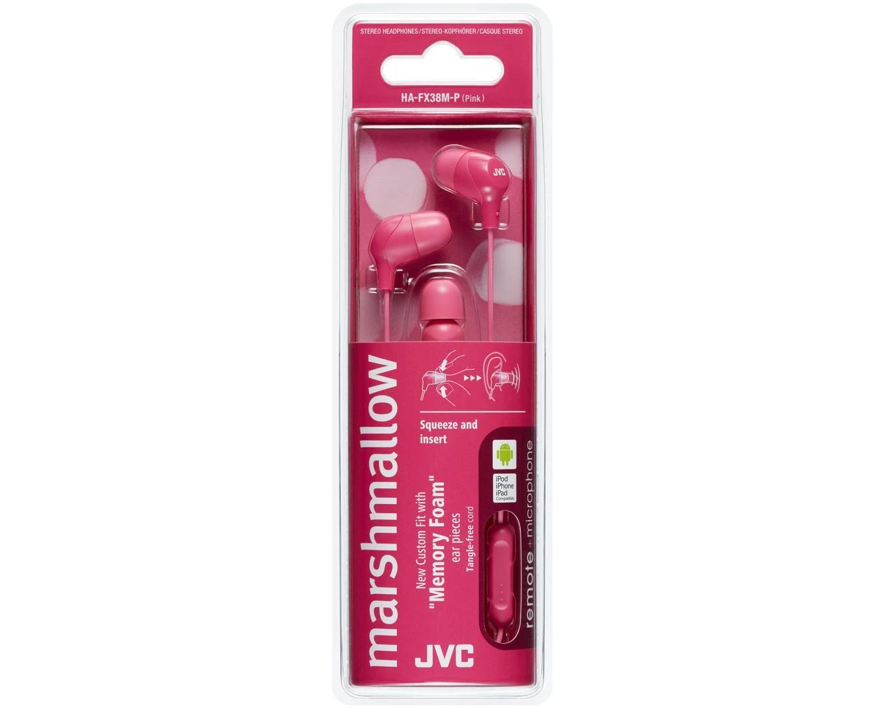JVC HA-FX38M-P-E rožinės į ausis įstatomos ausinės pakuotėje