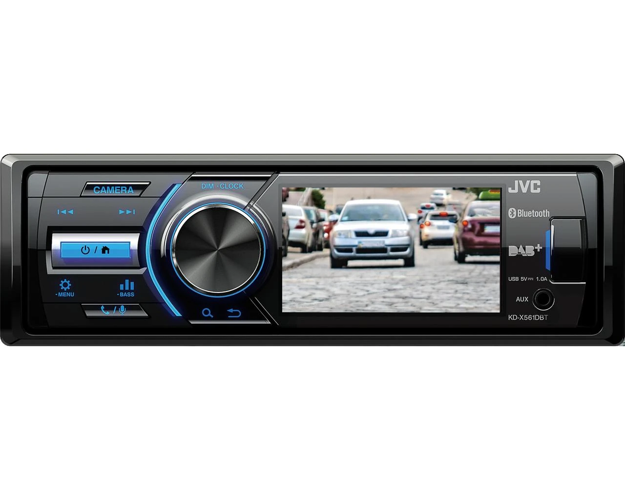JVC automobilinis grotuvas su galinio vaizdo kameros ekranu