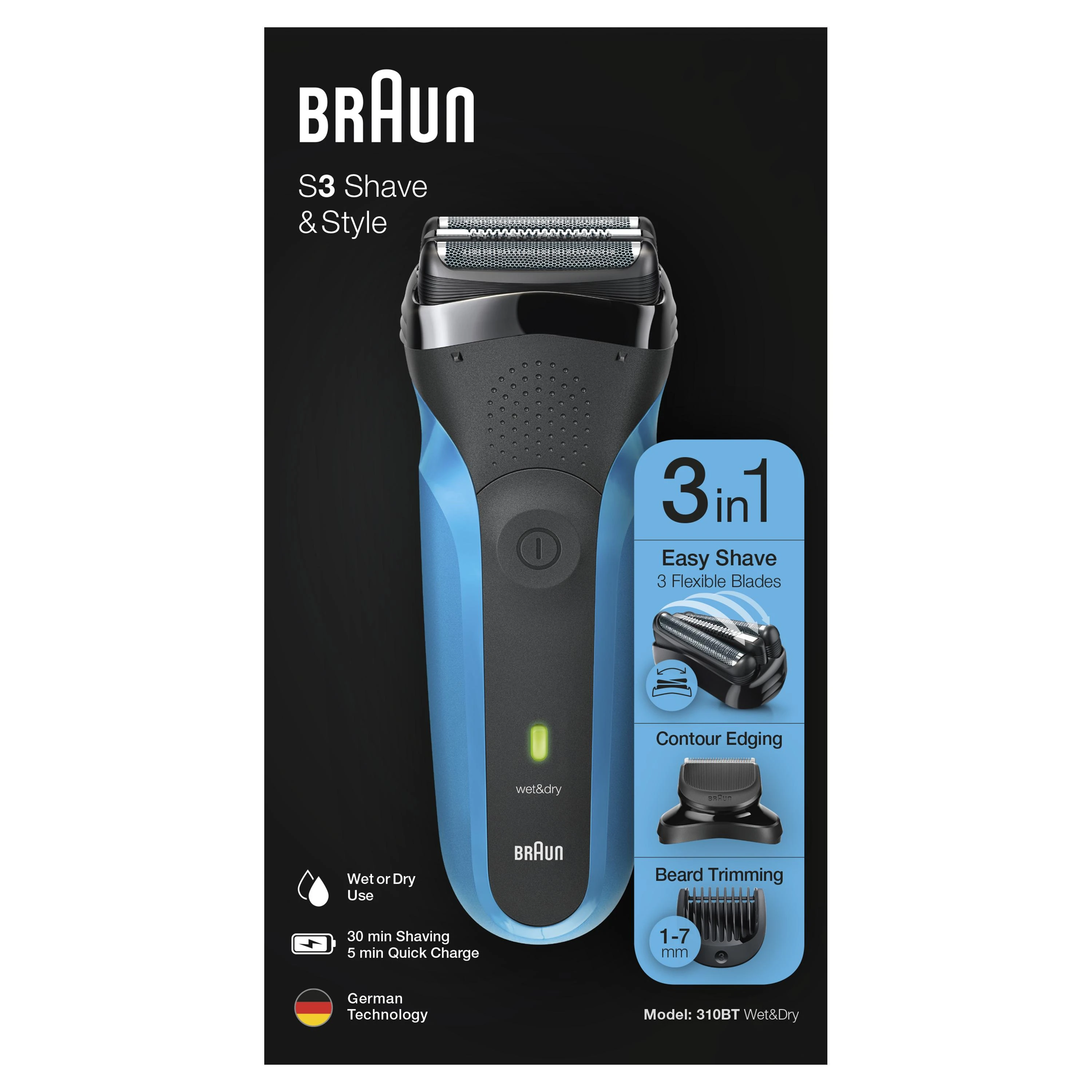 Barzdaskutė Braun Series 3 310BT Skustuvas Apkarpymo mašinėlė Juoda, Mėlyna