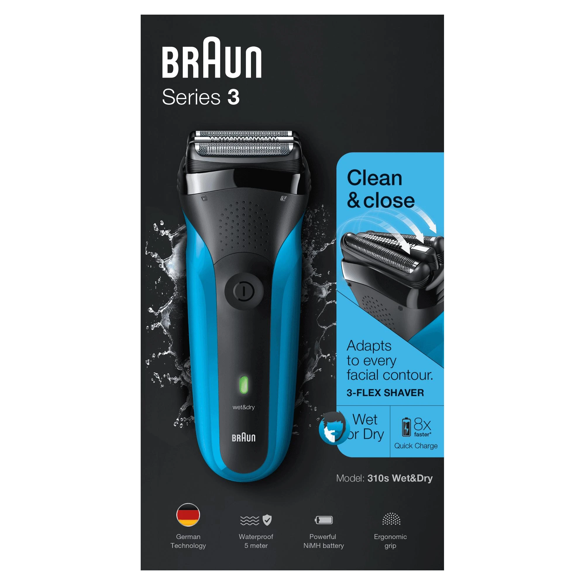 Barzdaskutė Braun Elektrinis skustuvas 310s Šlapiam naudojimui, Įkraunamas, Įkrovimo laikas 1 val., Ni-MH, Baterijos, Mėlyna