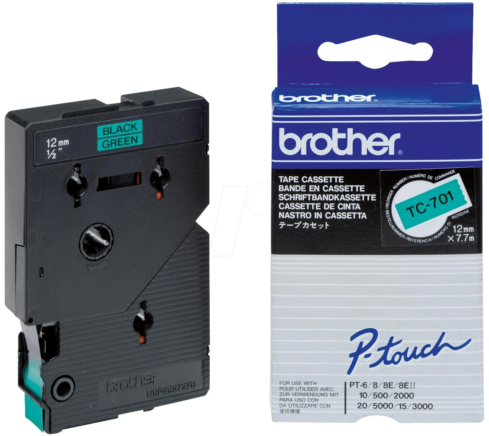 Brother TC-701 etikečių juostelė Juoda ant žalios