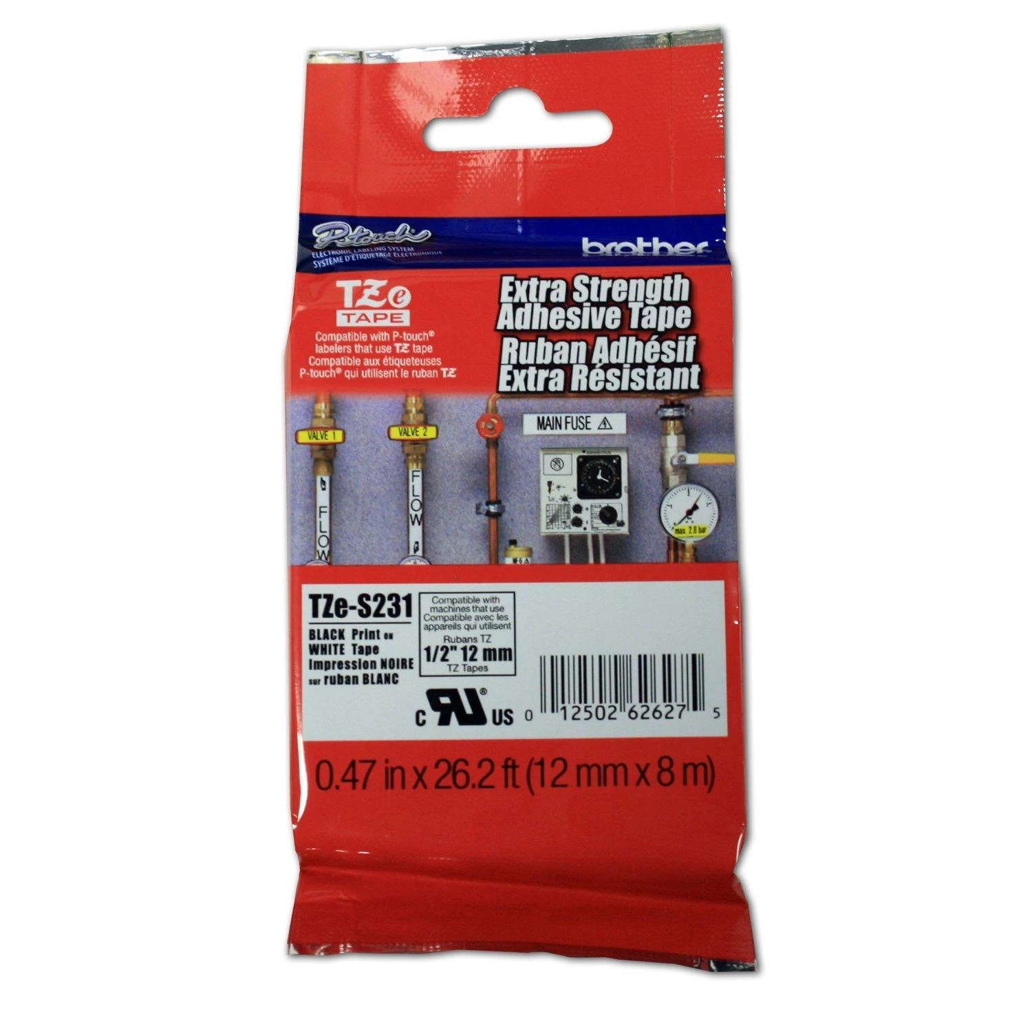 Brother | TZ-S231 Strong Adhesive Laminated Tape | Juodas on Baltas | TZe | 8 m | 1.2 cm