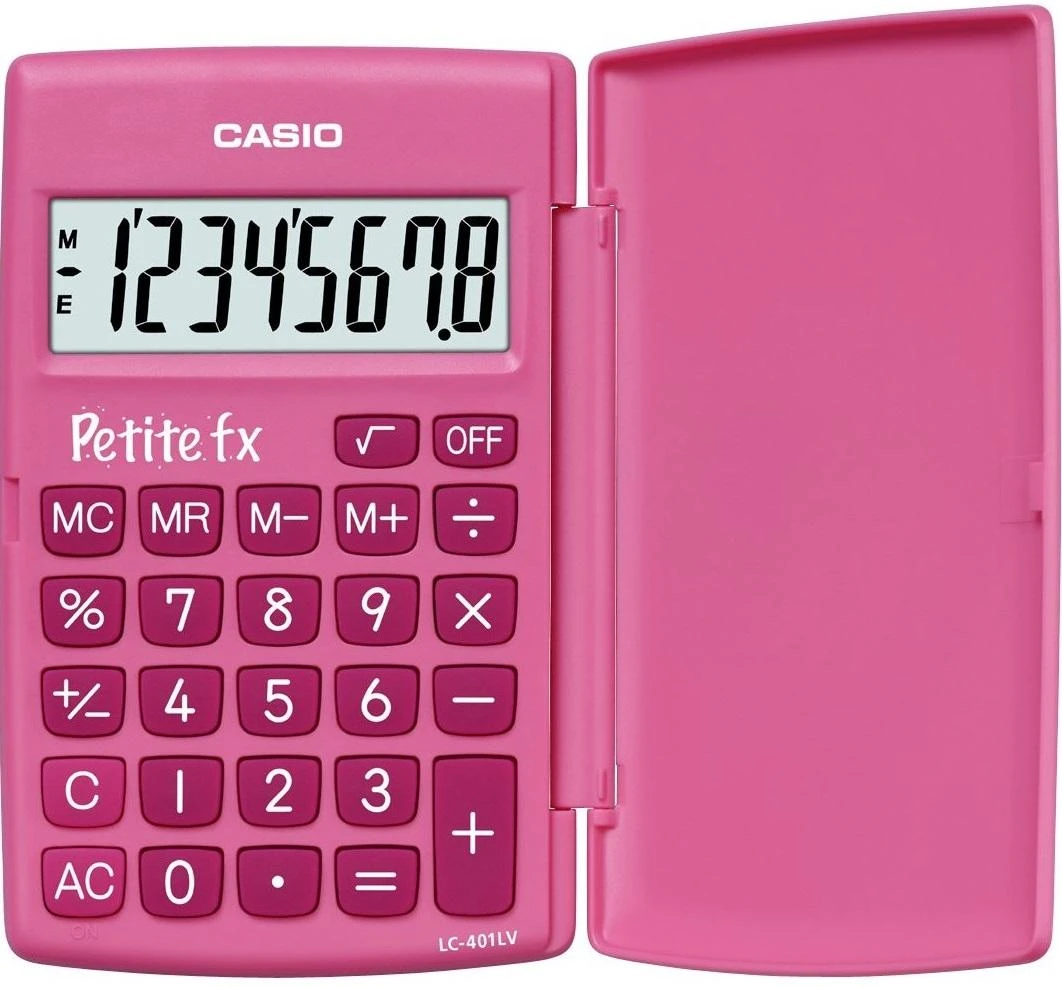 Rožinis Casio LC-401 skaičiuotuvas atverstu dangteliu
