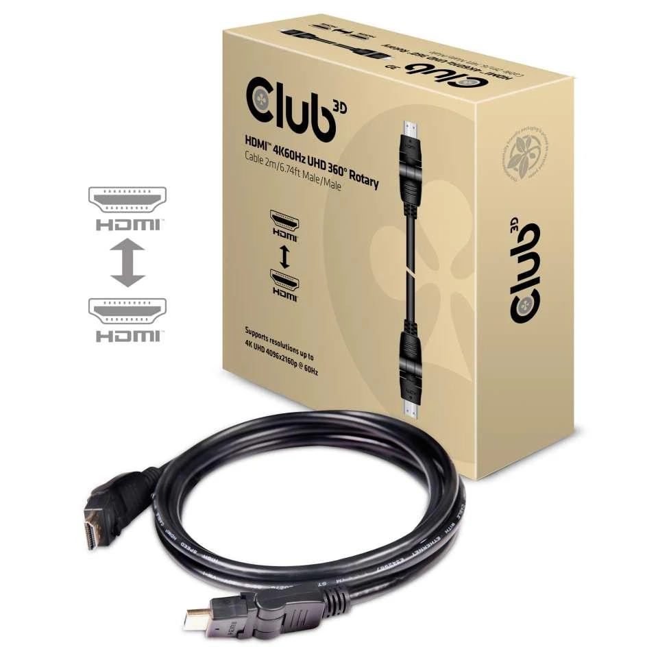 Club 3D 4K HDMI sukamasis kabelis pakuotėje