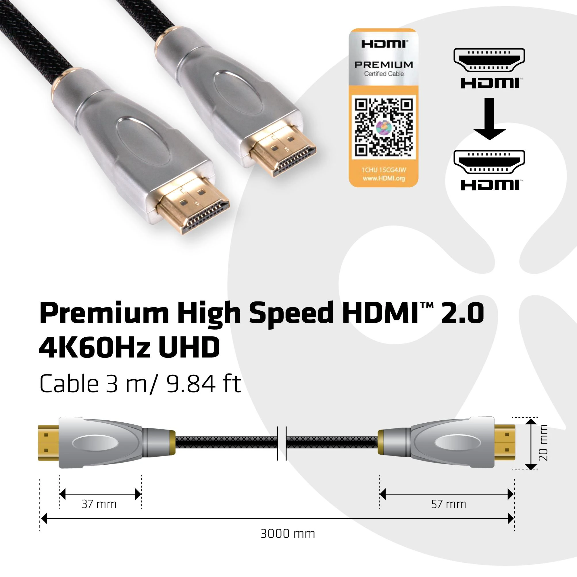 Club 3D HDMI 2.0 kabelis su technine schema