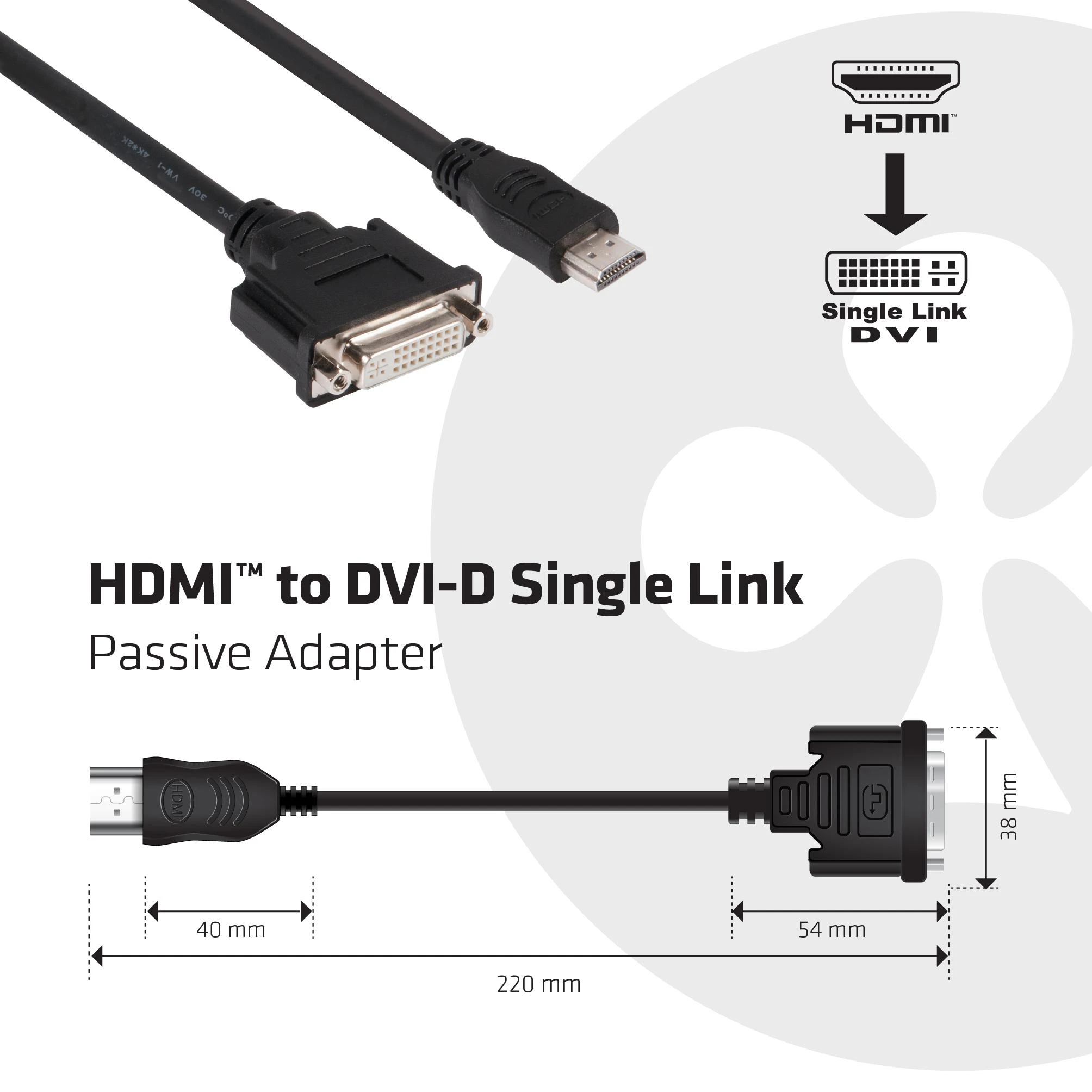 HDMI į DVI-D pasyvus adapteris su matmenų brėžiniu