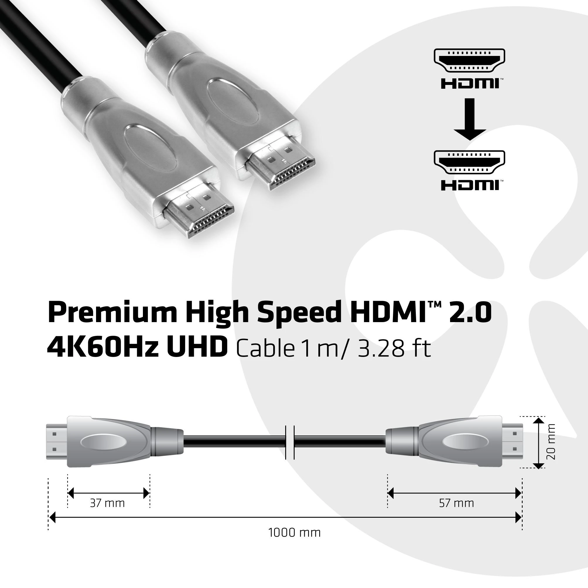 Club 3D HDMI kabelis su matmenų schema