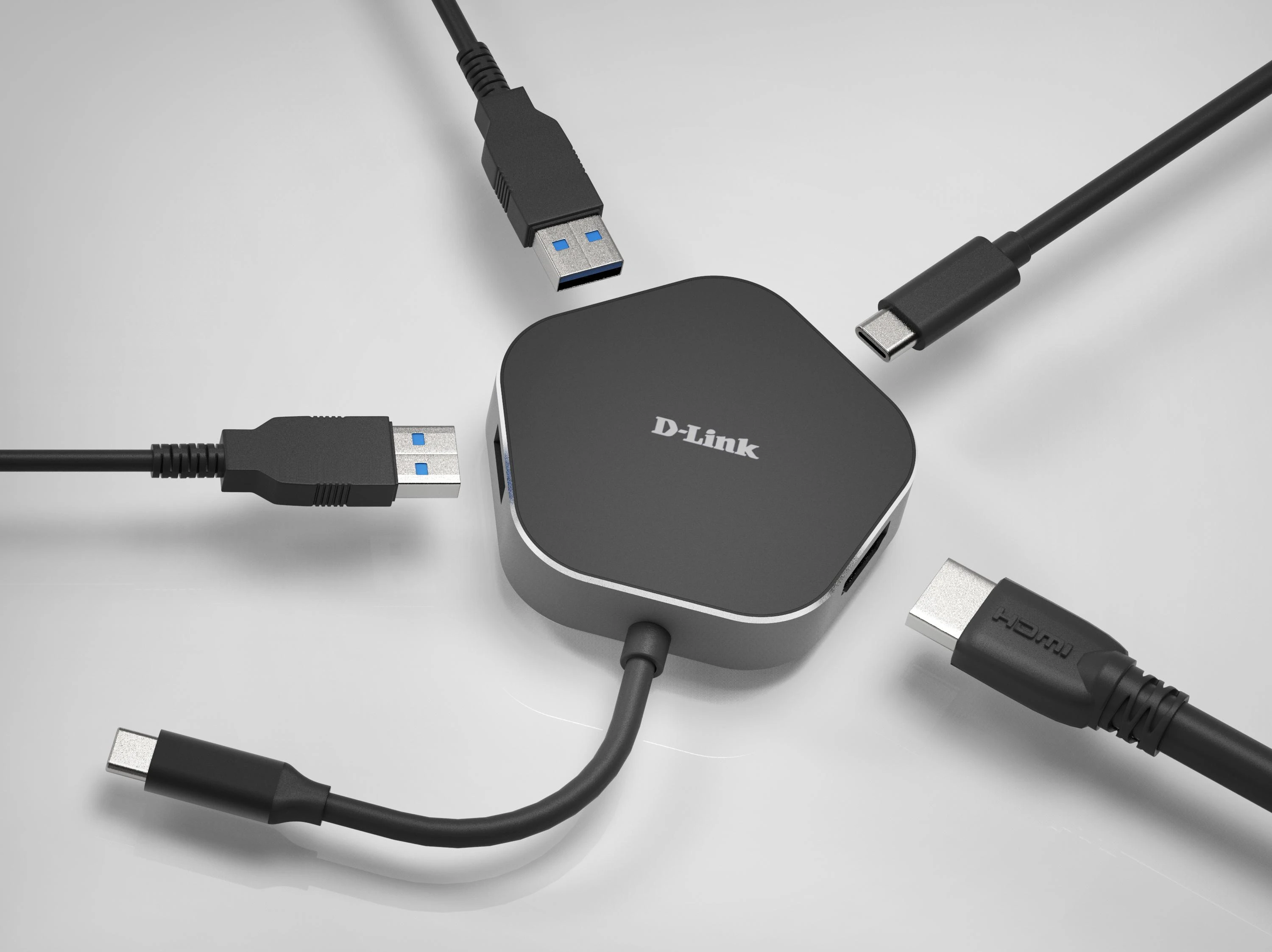 D-Link DUB-M420 dokas su prijungtais USB ir HDMI kabeliais