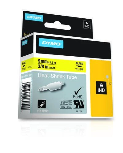 DYMO Rhino, kabelių žymėjimo vamzdelis, 9 mm, juodas tekstas ant geltonosio vamzdelio, 1,5 m skirtas kabelio skersmeniui nuo 2,0 mm iki 5,2 mm. DYMO / 18054