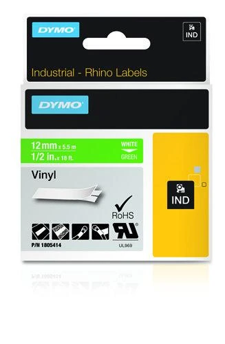 Rhino Professional. žymėjimo juosta, 12mm, baltas tekstas ant žalios juostos, 5,5 m DYMO / 1805414