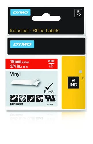 DYMO Rhino Vinilinė Juostelė 19mm x 5.5m / baltas ant raudonos (1805422)