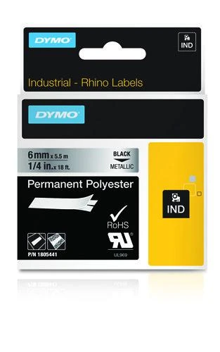 DYMO Rhino Professional, poliesterio juosta, 6 mm, juodas tekstas ant metalinės juostos, 5,5 m 1805441