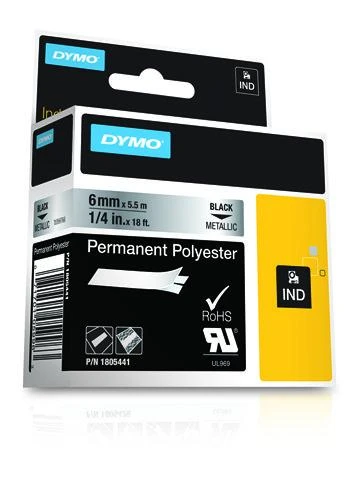 DYMO Rhino Professional, poliesterio juosta, 6 mm, juodas tekstas ant metalinės juostos, 5,5 m 1805441
