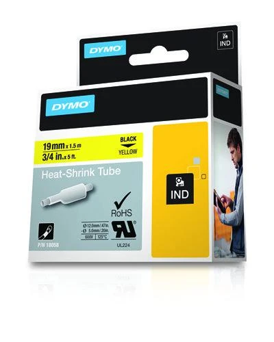 DYMO Rhino Professional, pastebimai susitraukiantis vamzdelis, 19x1,5 mm, juodas tekstas ant geltonos žarnos, 1,5 m, 18058