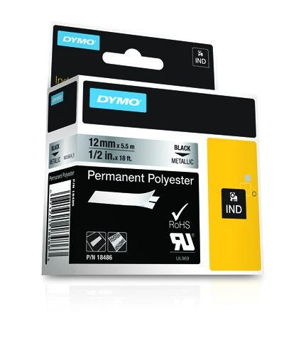 DYMO 18486 RHINO Poliesterio Juostelė 12mm x 5,5m (metalizuota / juodas šifras)