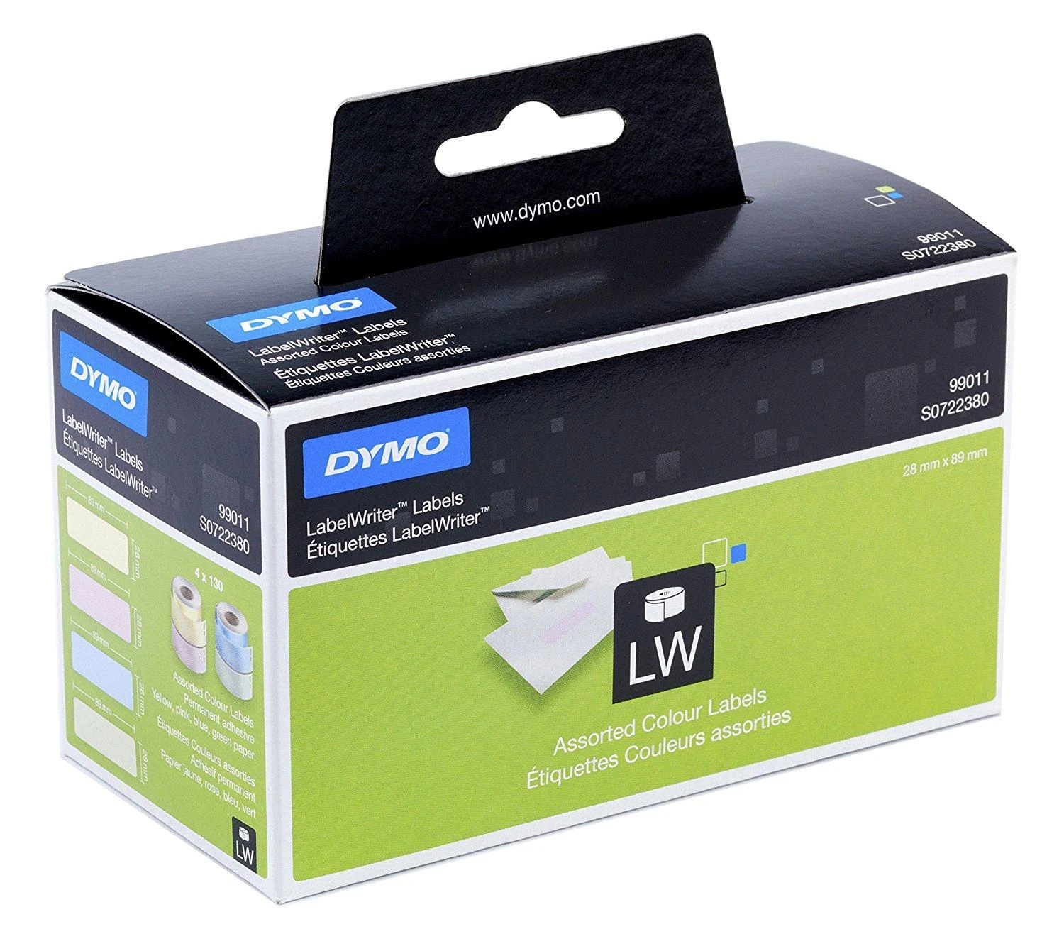 DYMO S0722380 Etiketės spalvotos 89 x 28mm (4x130vnt): geltona, mėlynas, rausva, žalia