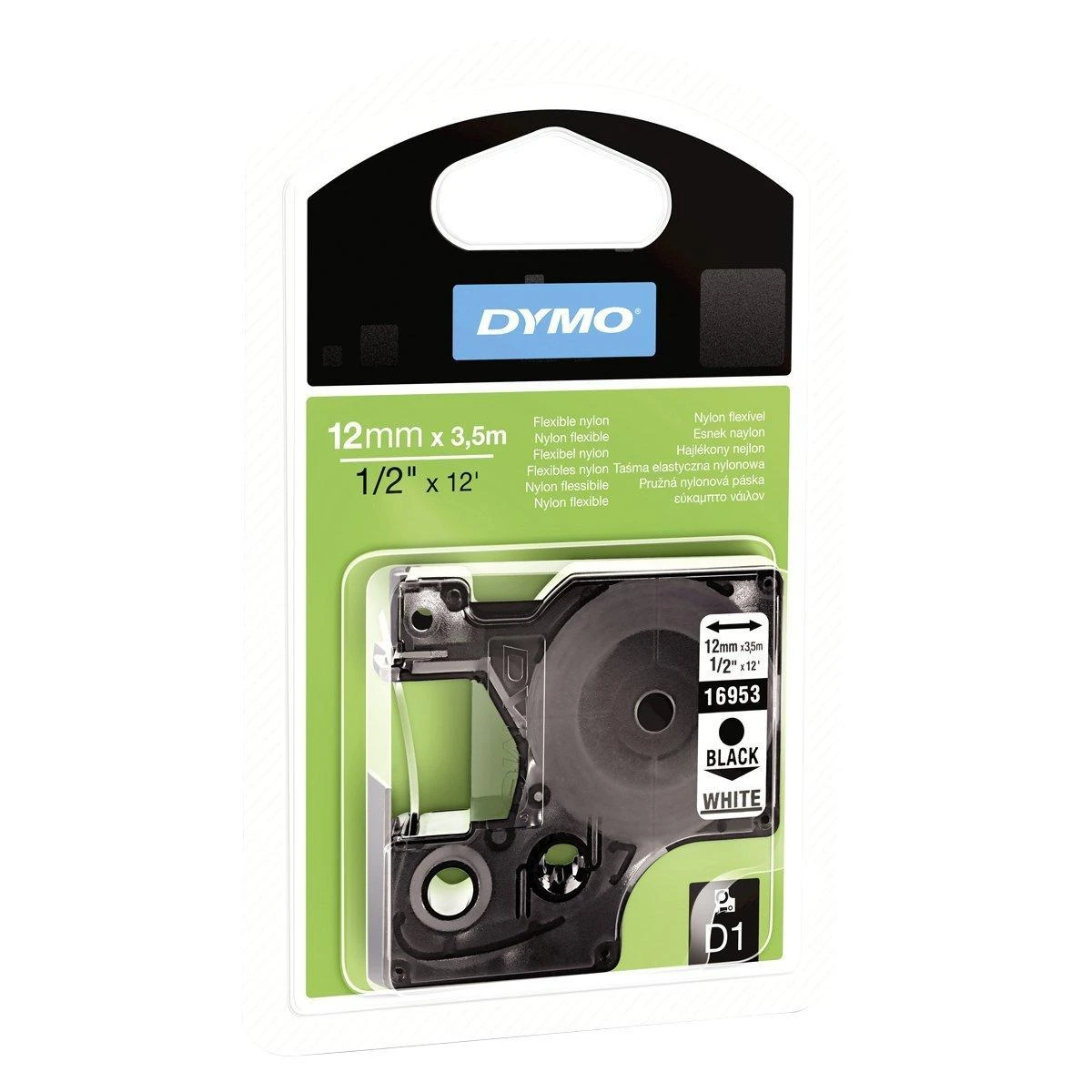 D1 ženklinimo juosta „flex nylon“ 19mm, juoda, balta, juodas tekstas ant baltos juostos, 3,5 m DYMO / 16958