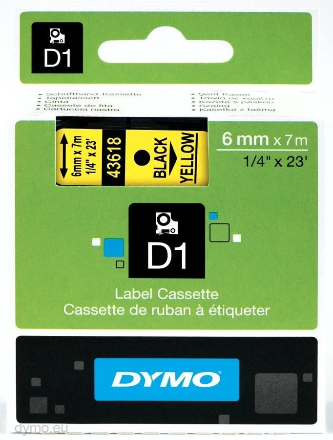DYMO D1 Standard - Juodas on Geltona - 6mm etikečių juostelė Juoda ant geltonos