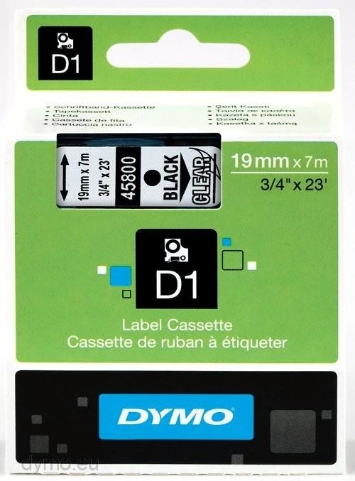 D1, žymėjimo juosta, 19mm, juodas tekstas ant skaidrios juostos, 7m - 45809 DYMO / S0720820