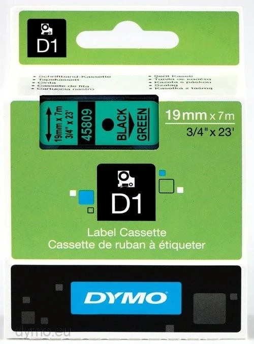 D1, prekės ženklo juosta, 19mm, juodas tekstas ant žalios juostos, 7m - 45800 DYMO / S0720890