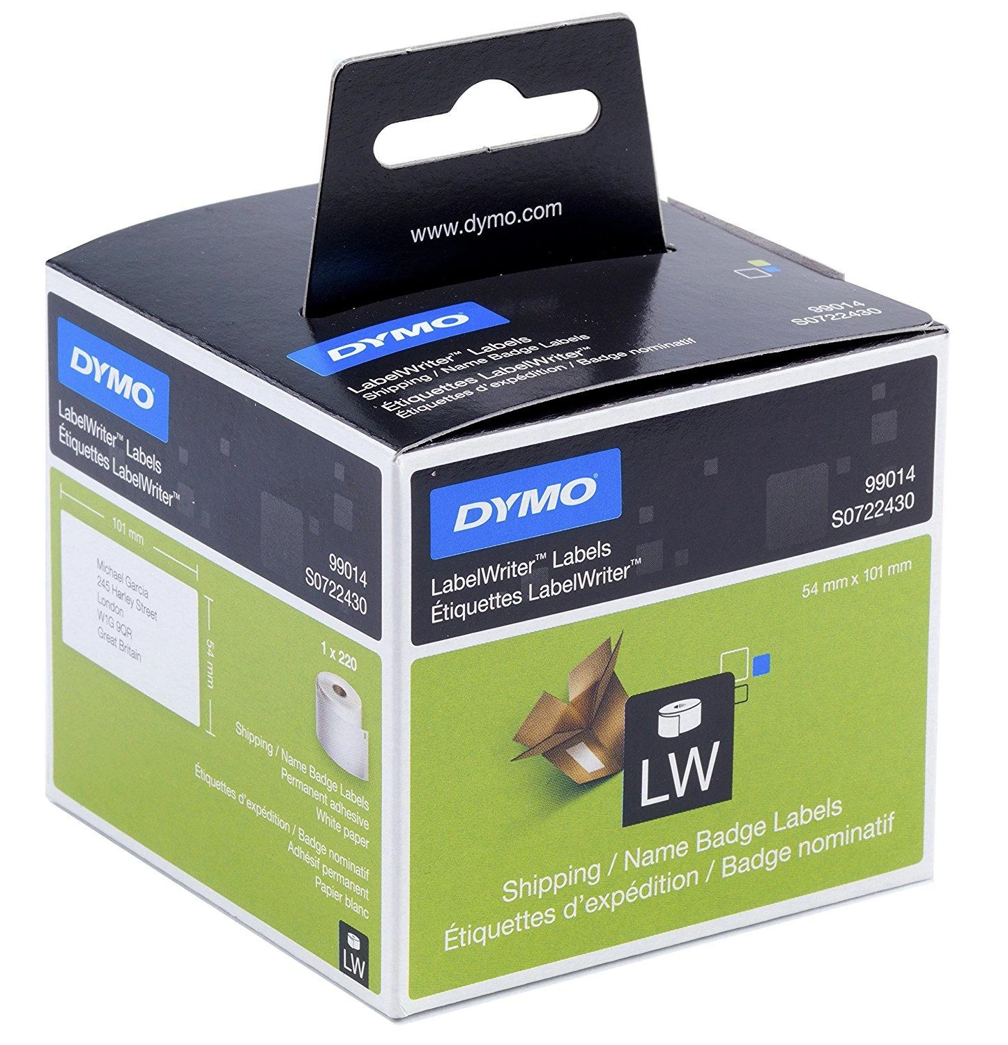 Dymo 99014 (S0722430) Etikečių ritinėlis Juodas on Baltas, 54mm x 101mm, 220 Lipdukų