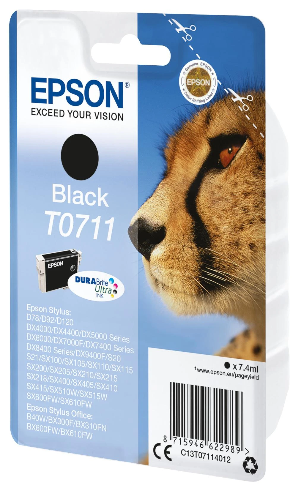 EPSON T0711 rašalo kasetė juodas standartinės talpos 7,4 ml 1 pakuotės lizdinė plokštelė be signalizacijos