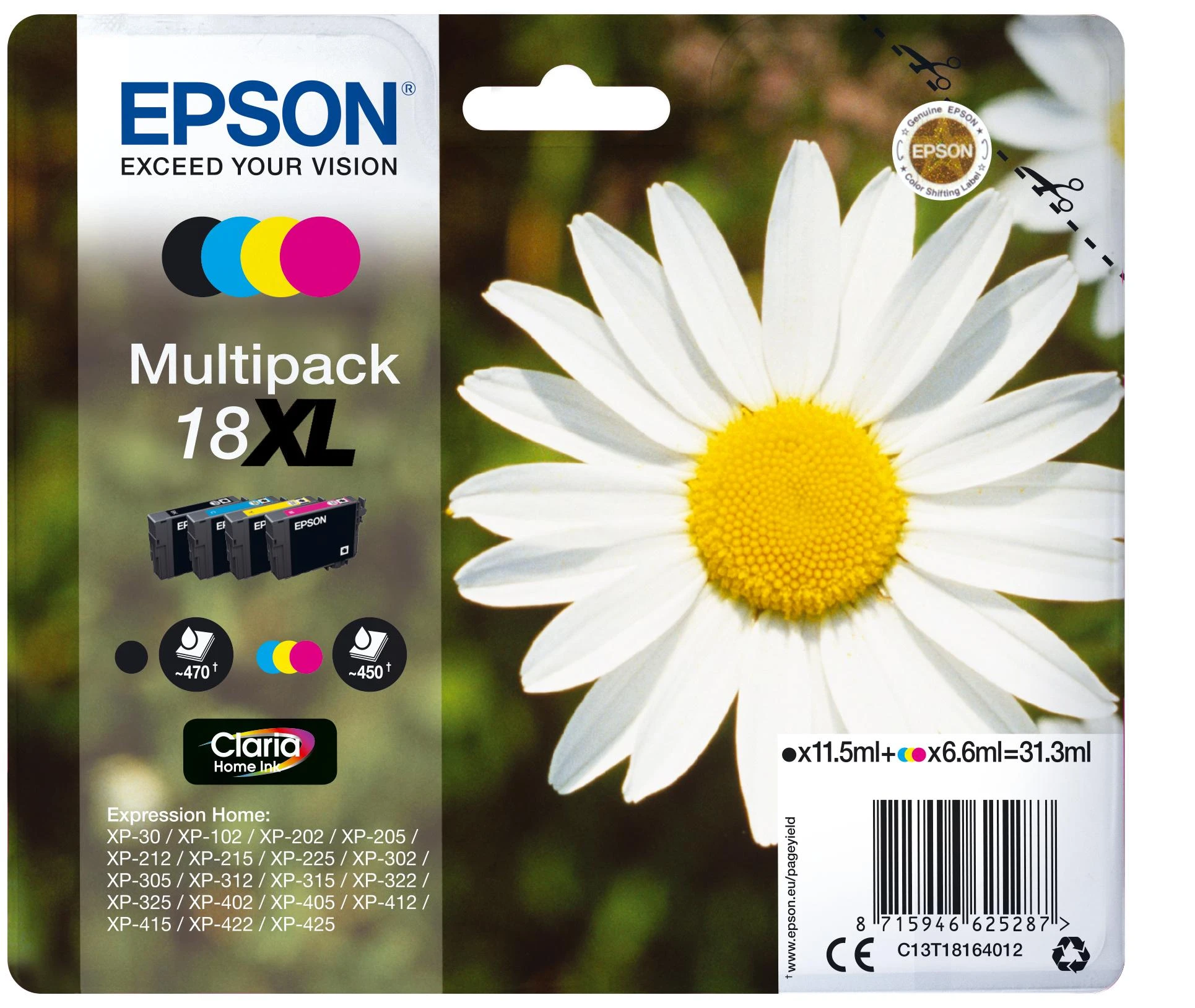Epson Daisy C13T18164022 rašalo kasetė Originalus Juoda, Žydras, Rausvai raudona, Geltona 1 vnt