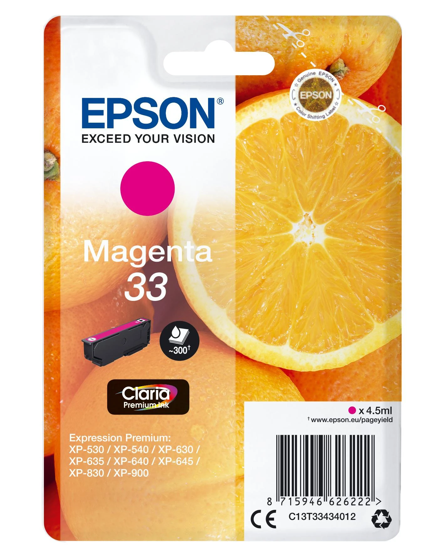Epson Oranges C13T33434012 rašalo kasetė Originalus Rausvai raudona 1 vnt