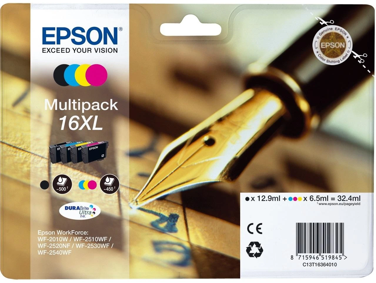 Epson 16XL Multipack Ink Cartridge, Juodas, žalsvai mėlyna, rausvai raudona, geltona