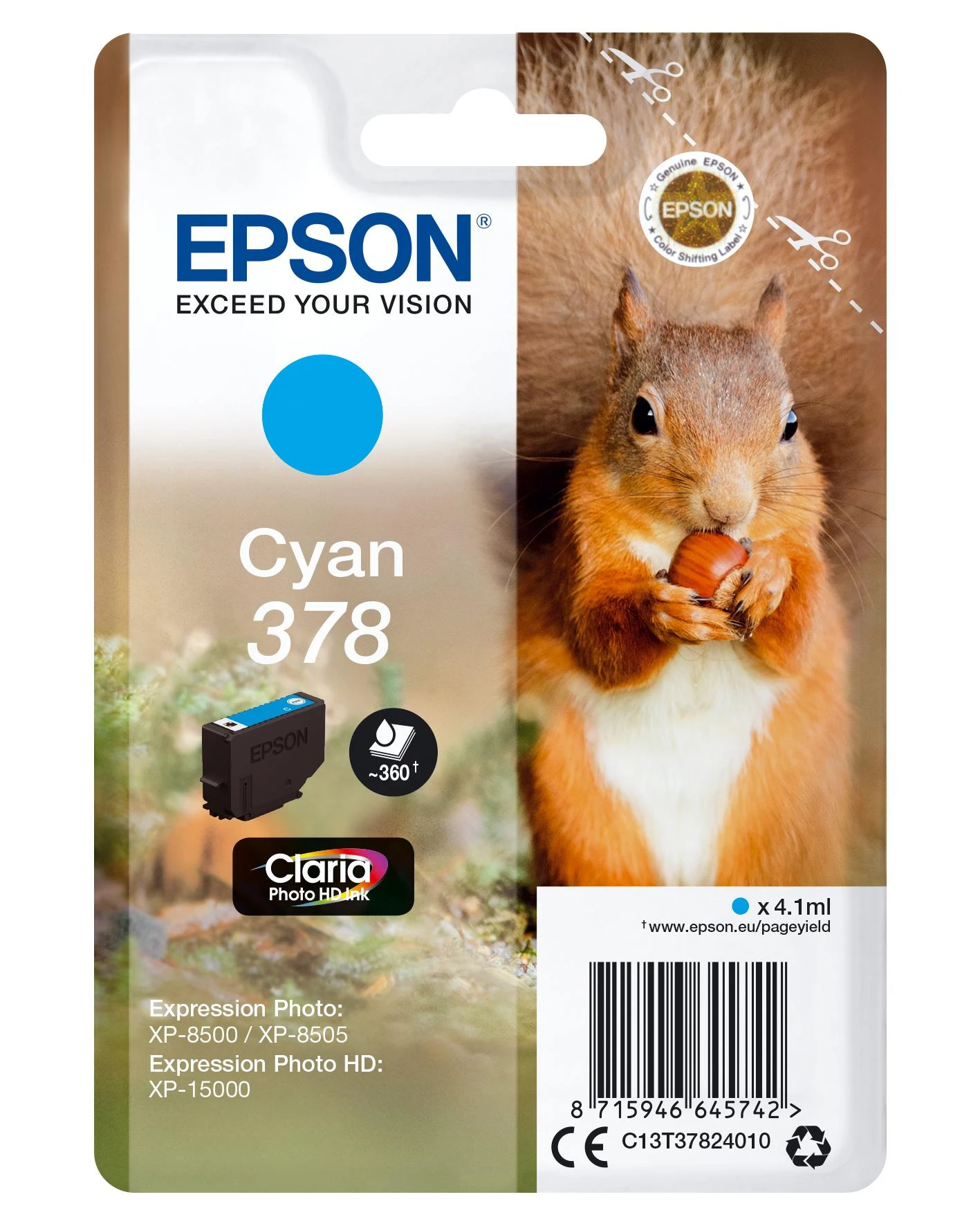 Epson Squirrel C13T37824010 rašalo kasetė Originalus Žydras 1 vnt