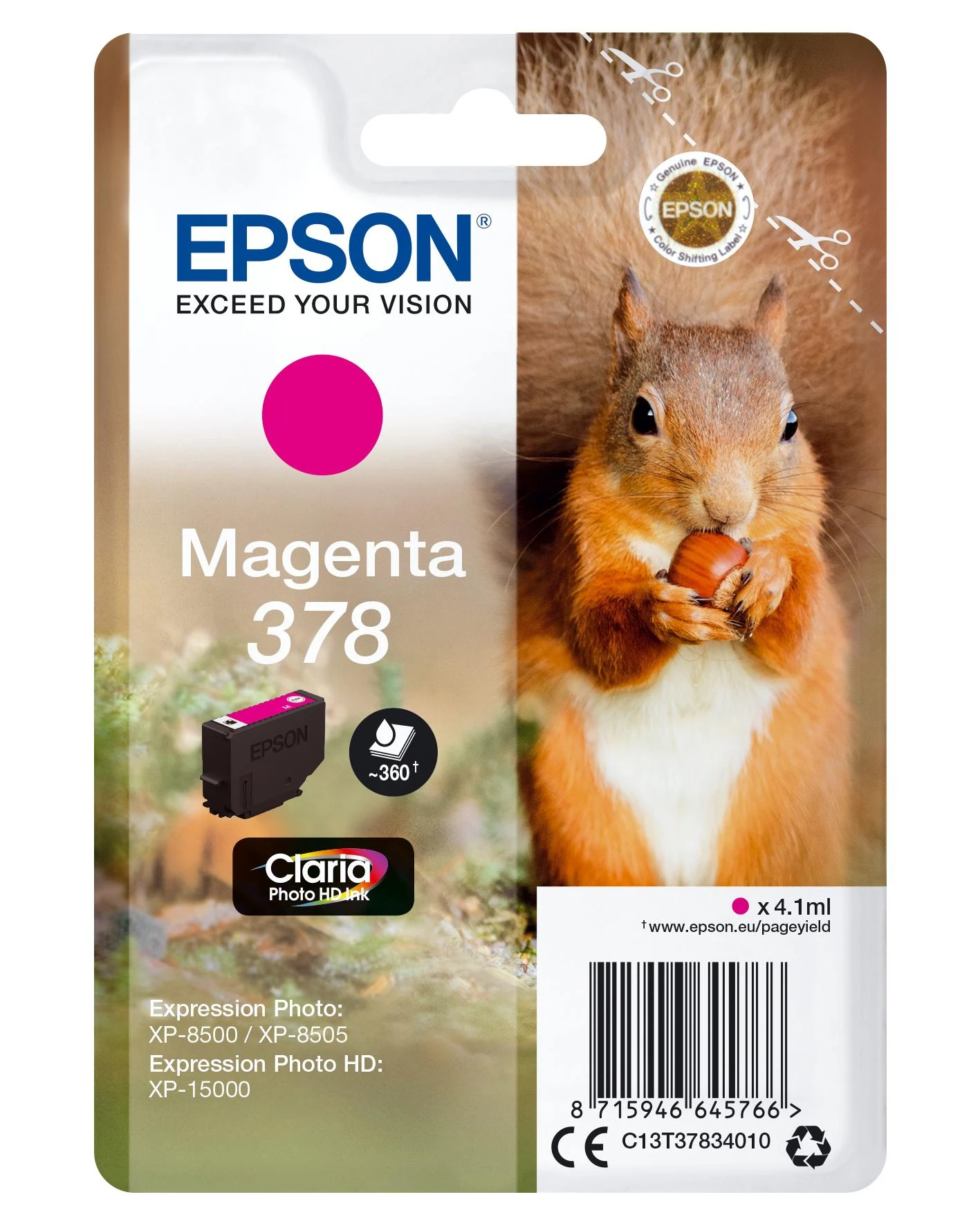 Epson Squirrel C13T37834010 rašalo kasetė Originalus Rausvai raudona 1 vnt