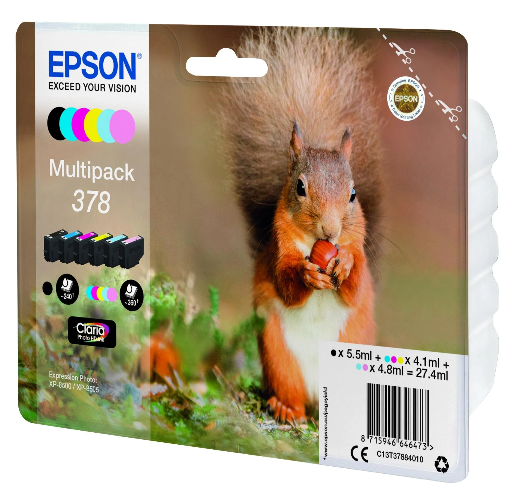 Epson Squirrel C13T37884010 rašalo kasetė Originalus Juoda, Žydras, Šviesus Cyan, Šviesi Magenta, Rausvai raudona, Geltona 1 vnt
