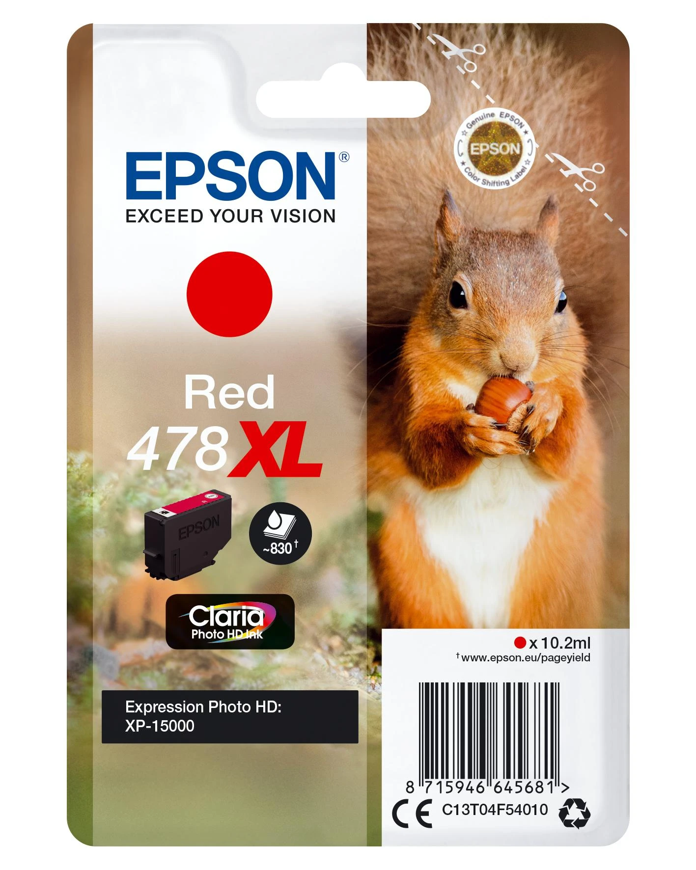 Epson Squirrel Singlepack Raudona 478XL Claria Photo HD Ink Originalus Raudona