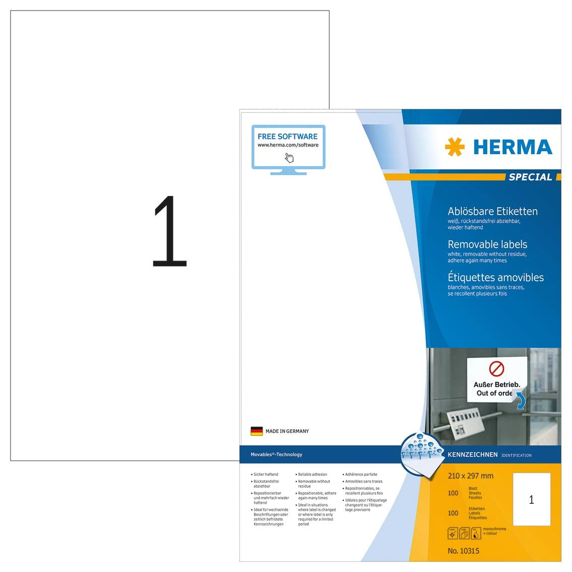 HERMA 10315 lipni etiketė Balta Suapvalintas stačiakampis Keičiama 100 vnt