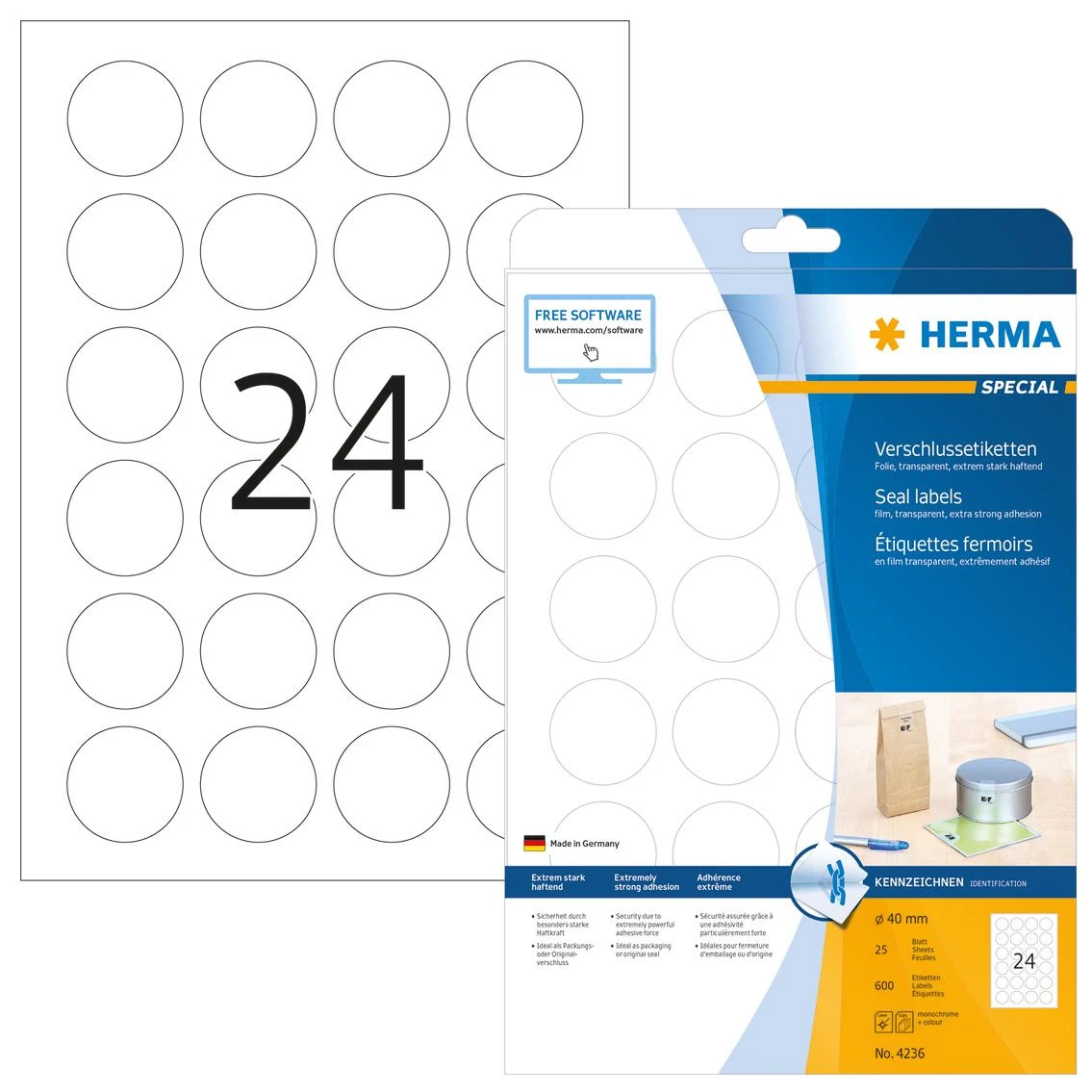 HERMA 4236 lipni etiketė Permatomas Apskritimas Ilgalaikis 600 vnt