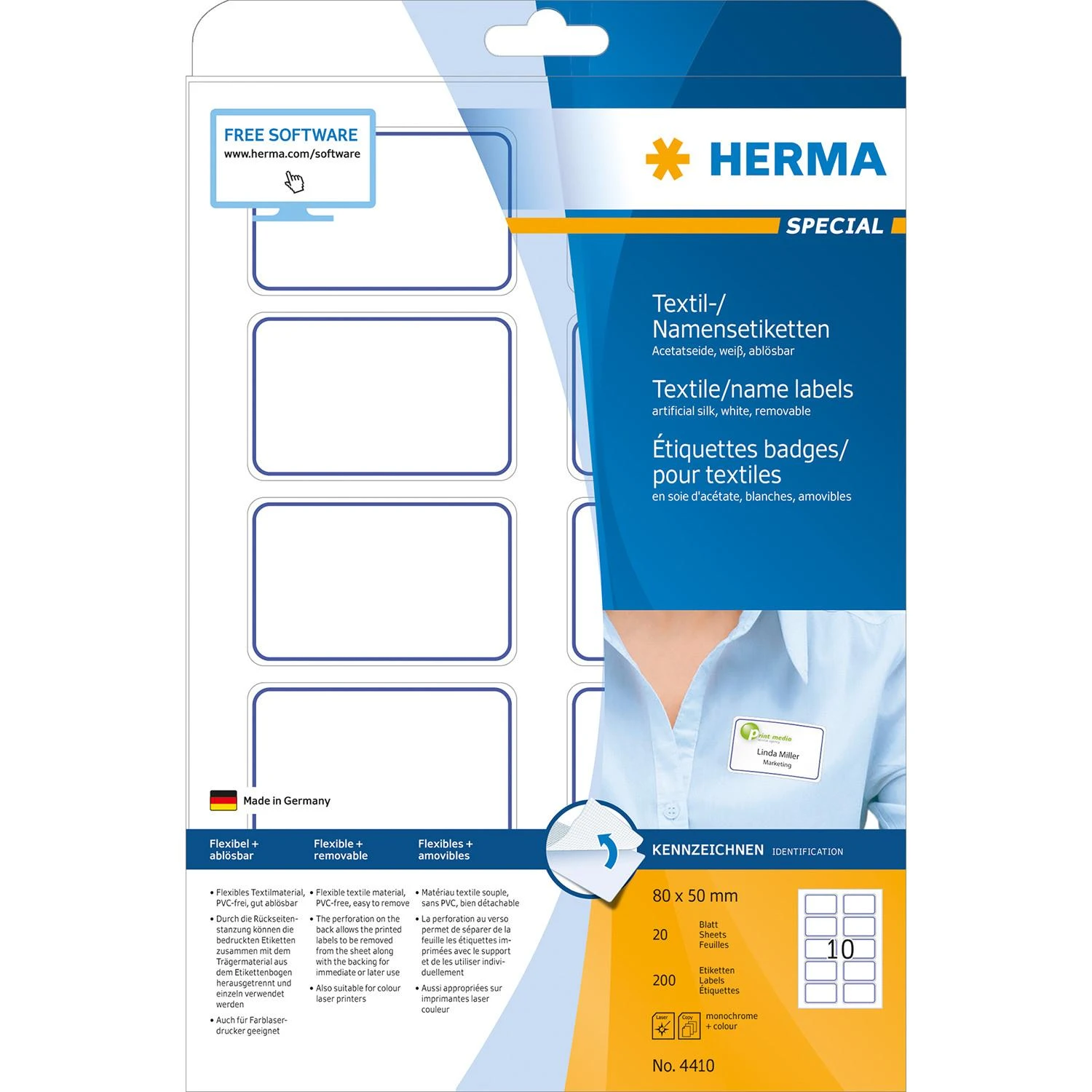 HERMA 4410 lipni etiketė Mėlyna, Balta Suapvalintas stačiakampis Keičiama 200 vnt