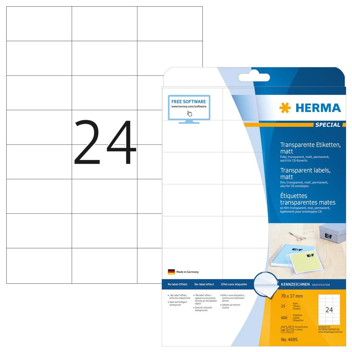 HERMA 4685 lipni etiketė Permatomas Stačiakampis Ilgalaikis 600 vnt