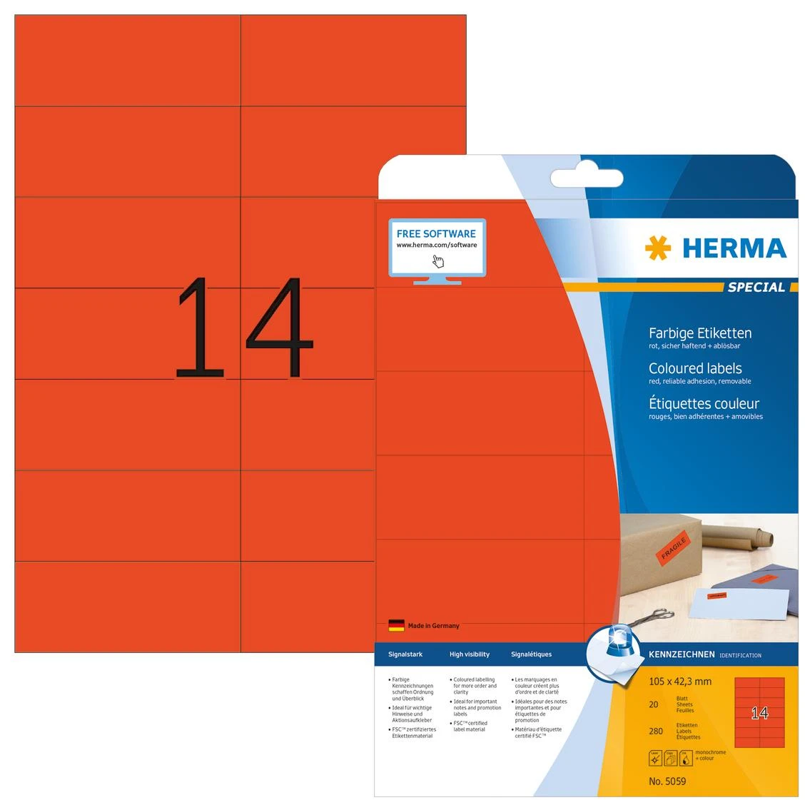 HERMA 5059 etiketė spausdinimui Raudona Lipni spausdintuvo etiketė