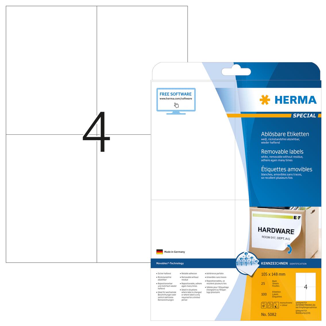HERMA 5082 lipni etiketė Balta Stačiakampis Keičiama 100 vnt