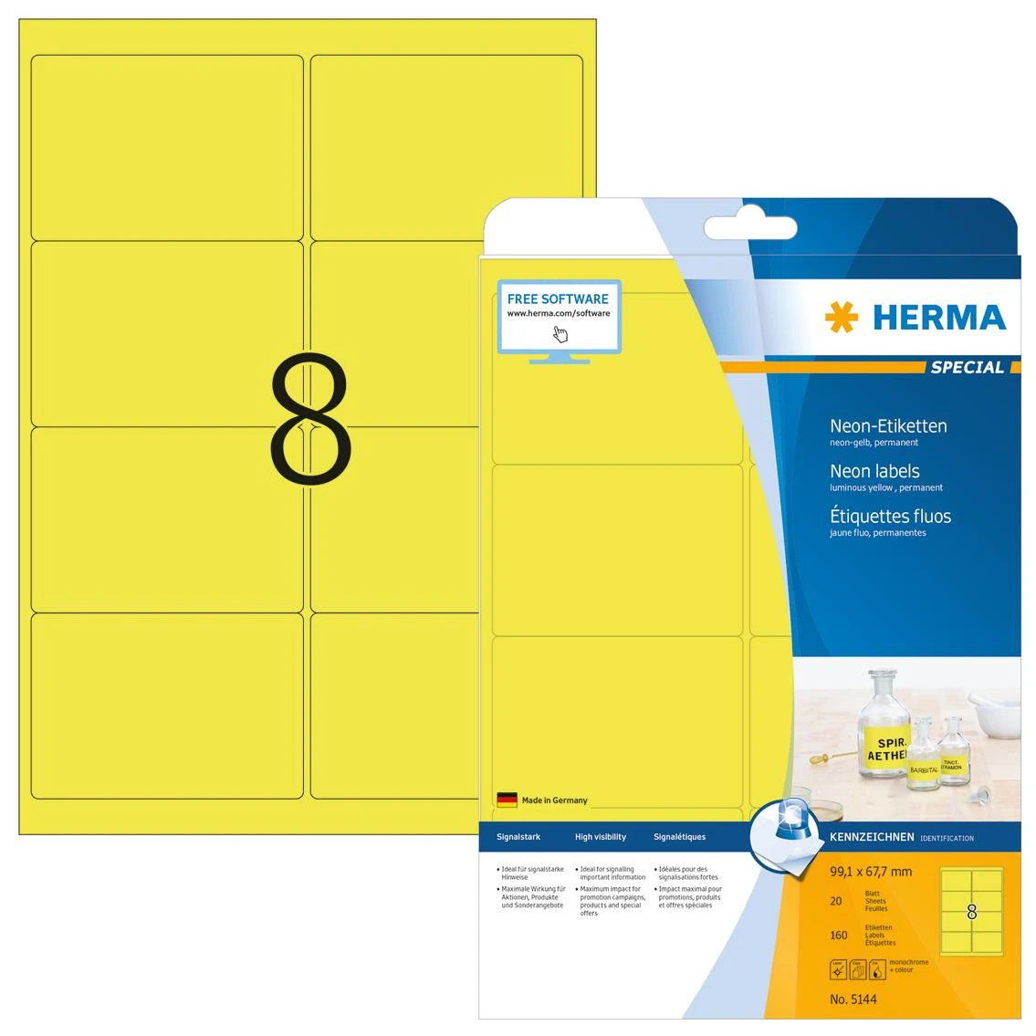 HERMA 5144 lipni etiketė Geltona Suapvalintas stačiakampis Ilgalaikis 160 vnt